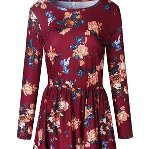 Floral Maroon Long Sleeved Midi Dress
